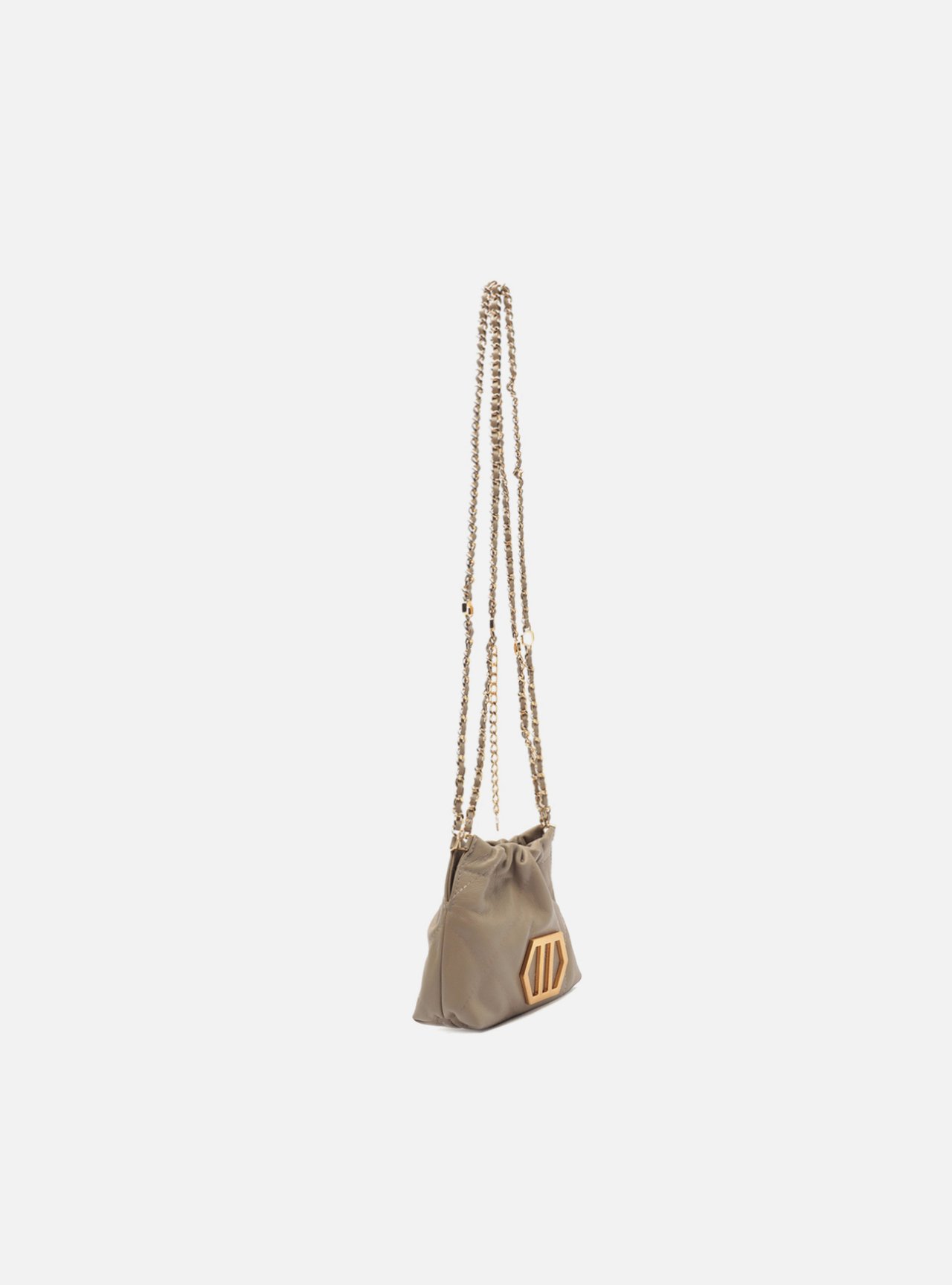 Foto 5 de Bolsa Tiracolo Cinza Couro Pequena Corrente Dourada