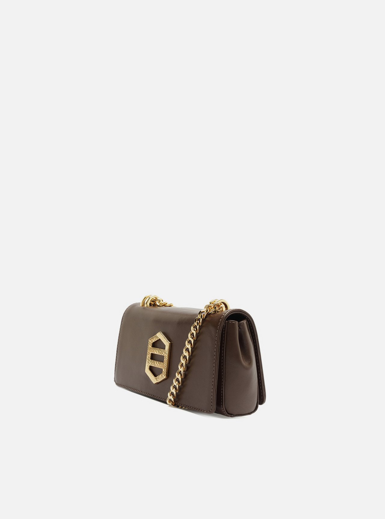 Foto 2 de Bolsa Tiracolo Marrom Couro Pequena Corrente Dourada