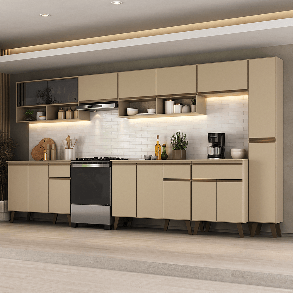 Armário de Cozinha Completa Atlanta Linea com Vidro Carraro Amêndoa