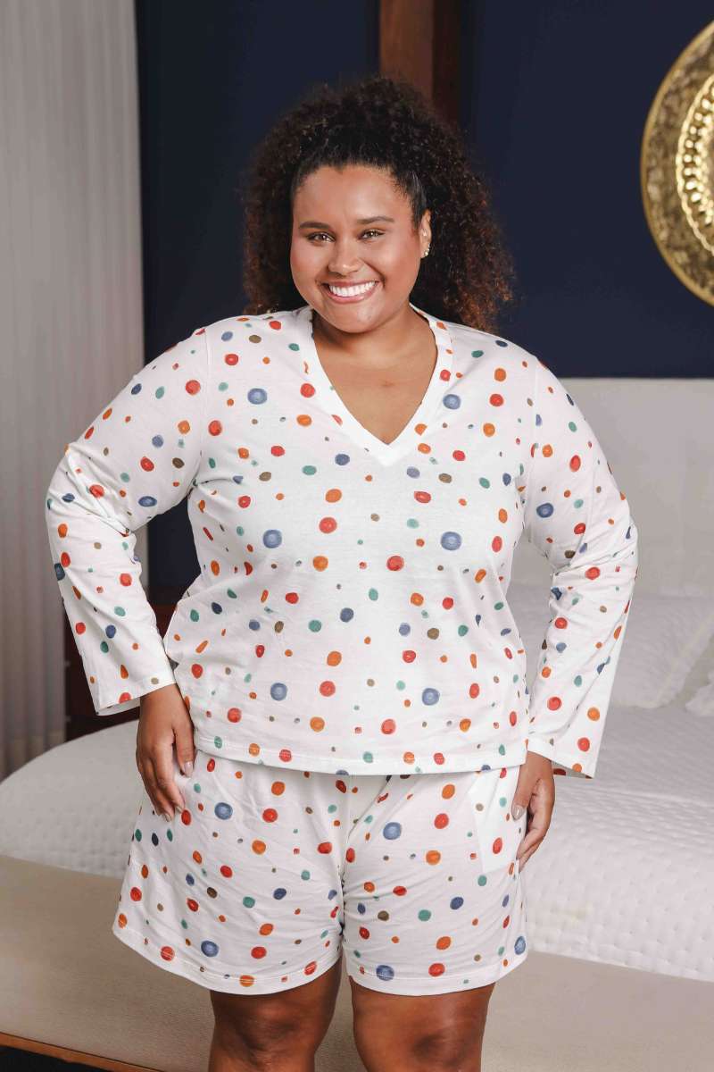 Camiseta Pijama Gola V Manga Longa Estampa Poá Aquarela