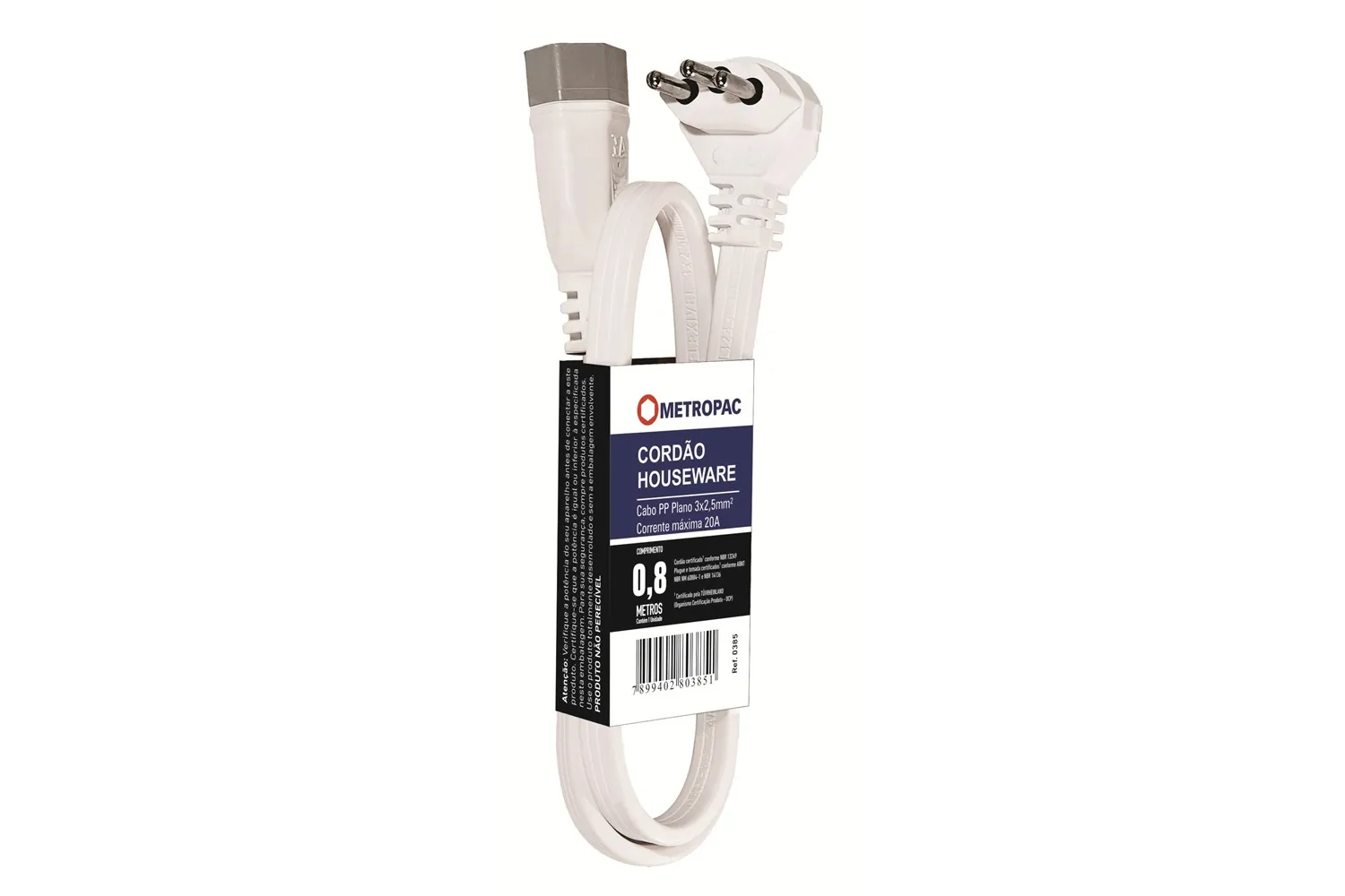 PROLONG HOUSEWARE PP 3X2,5MM2 2P+T 20A BRANCO 0,8M DANEVA