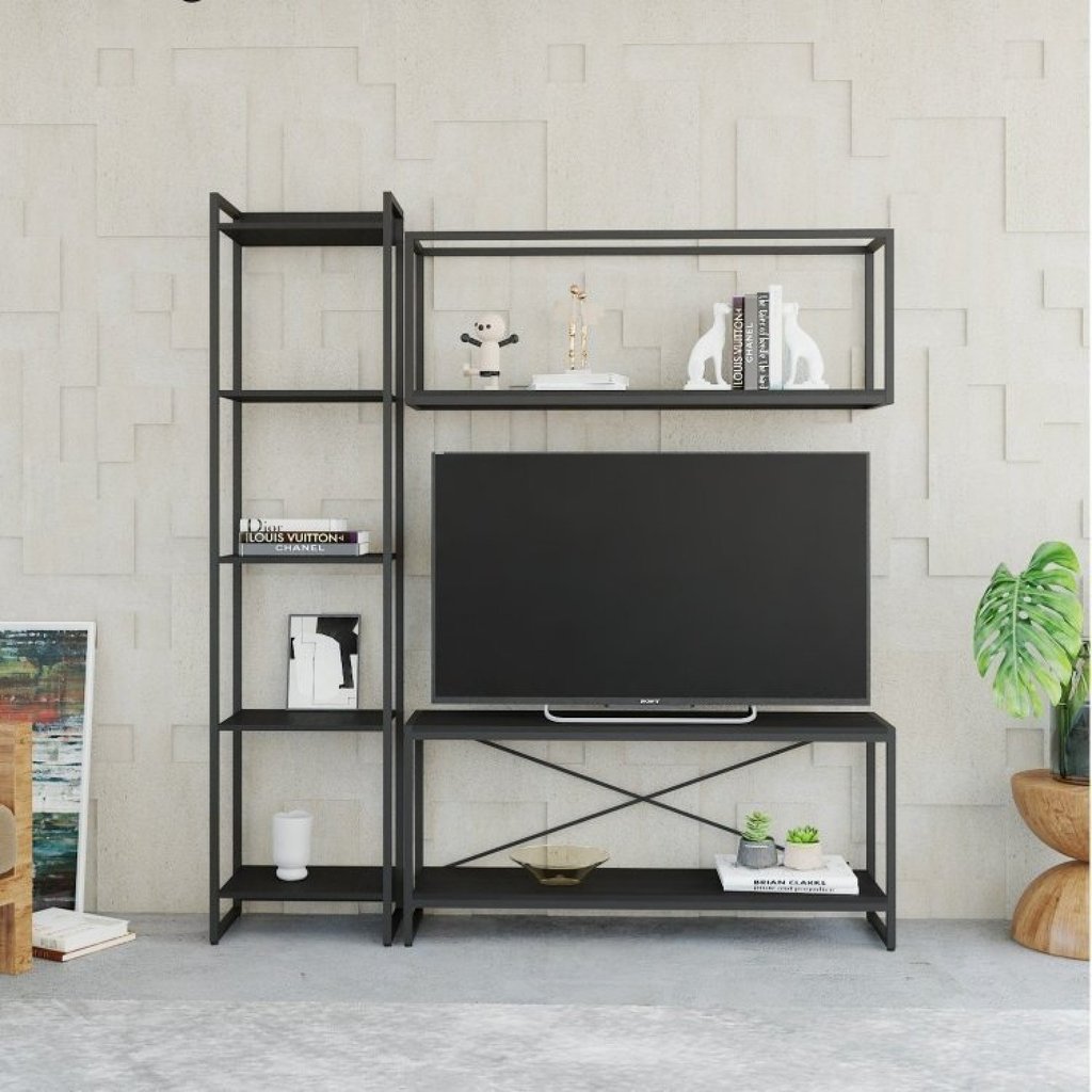 Estante para TV até 50 Polegadas 1 Nicho Aéreo 1 Estante Estilo Industrial Active Yescasa Preto Preto Onix