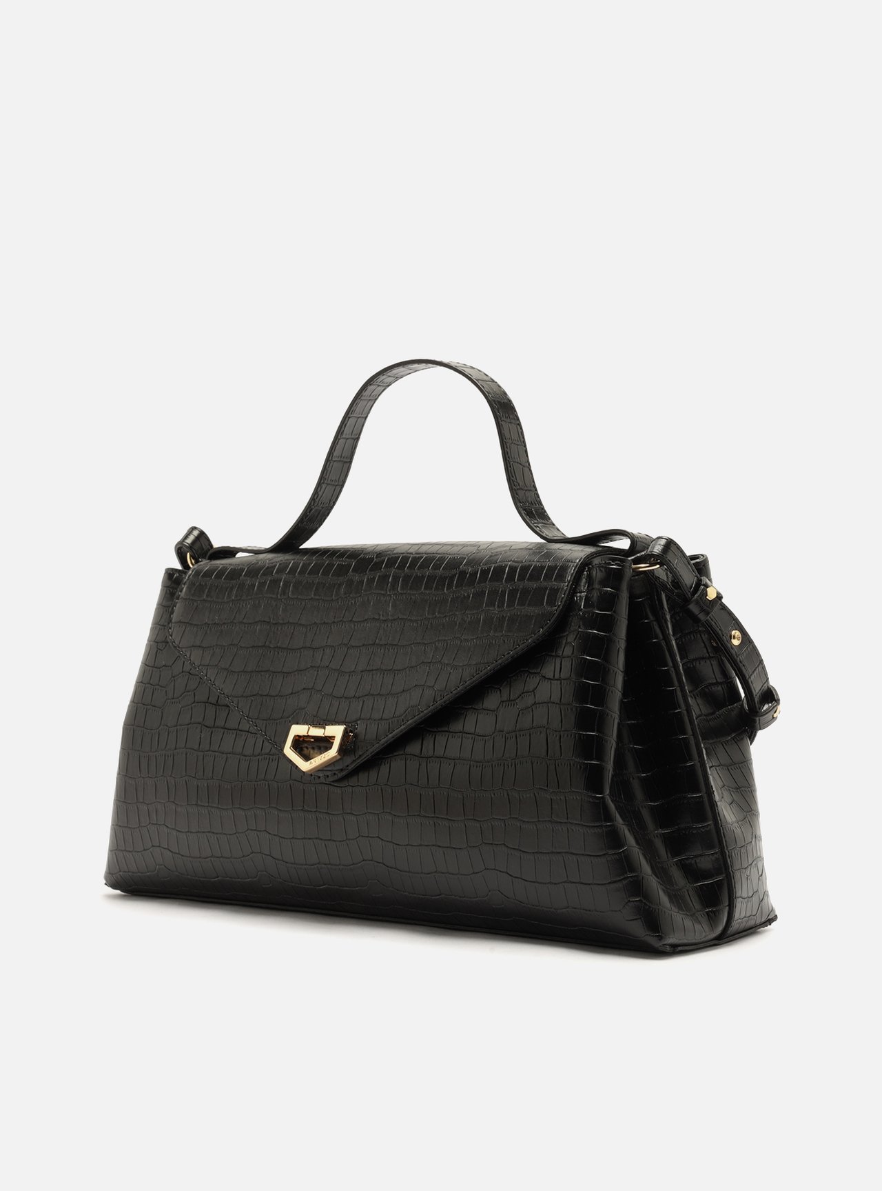 Foto 2 de Bolsa Tote Preta Fecho Dourado Croco