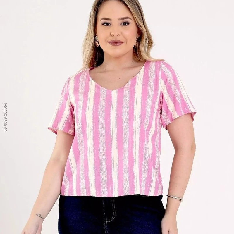 Blusa Feminina Manga Curta Estampada Rosa