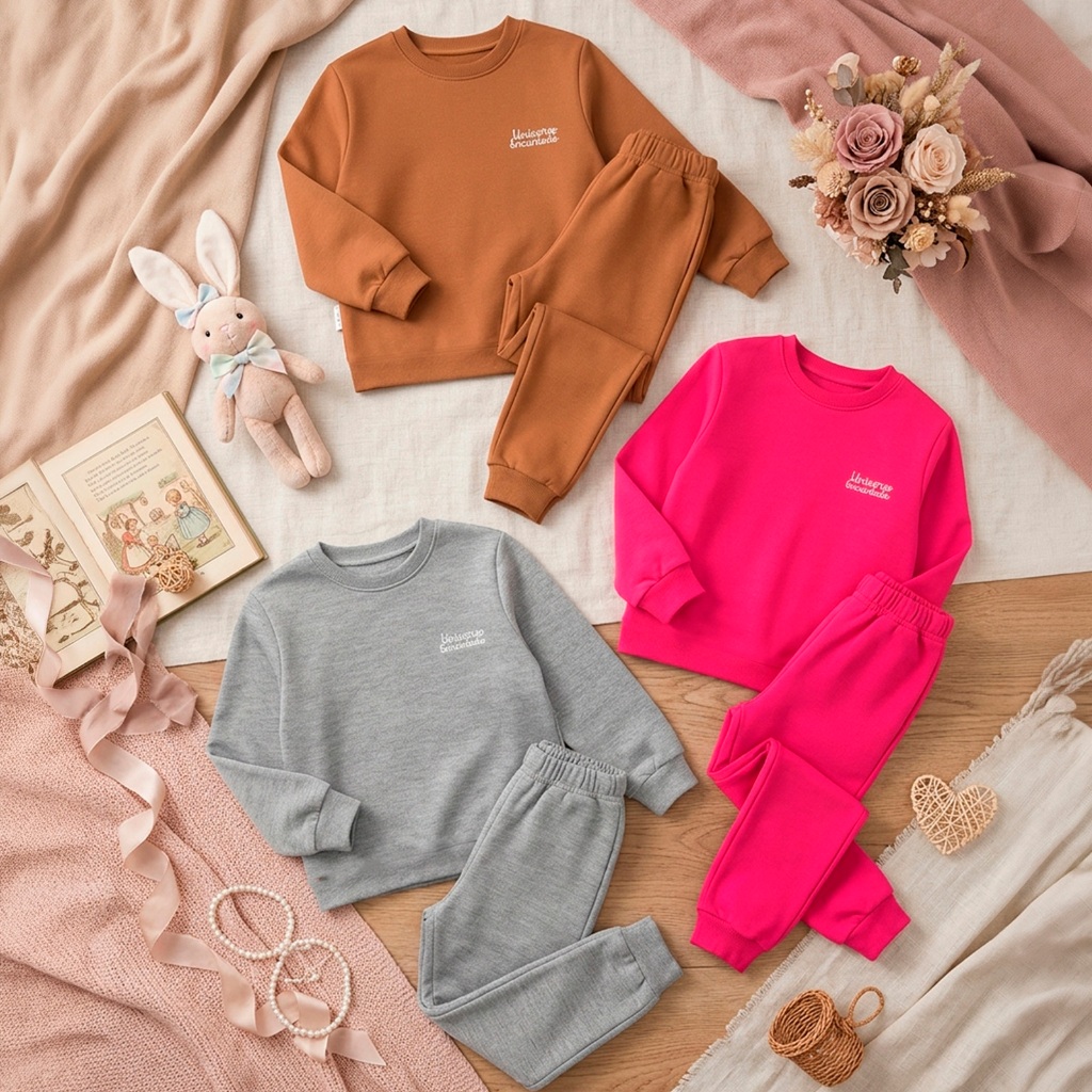 Conjunto Moletom Minimalista Bebê Menina Neném Blusa e Calça Manga Longa Roupa de Frio Inverno Feminino Lisos L13
