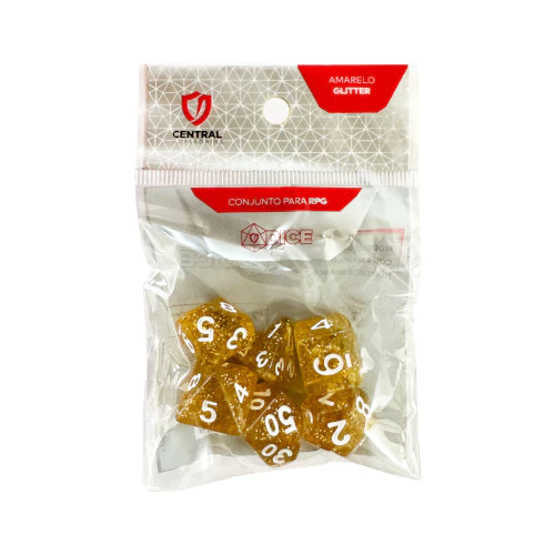 Foto 3 de Dados RPG: Glitter Amarelo e Branco Central Dice | Estilo e Qualidade para suas Aventuras!