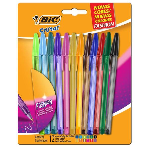 Caneta Esferográfica BIC Cristal Fashion, 12 Cores Vibrantes, Ponta Média de 1.2mm, Tampa Ventilada, 970910 - BT 12 UN