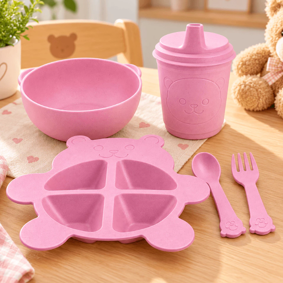 Kit Alimentação Baby Bear Infantil Urso Rosa Prato Talheres Copo