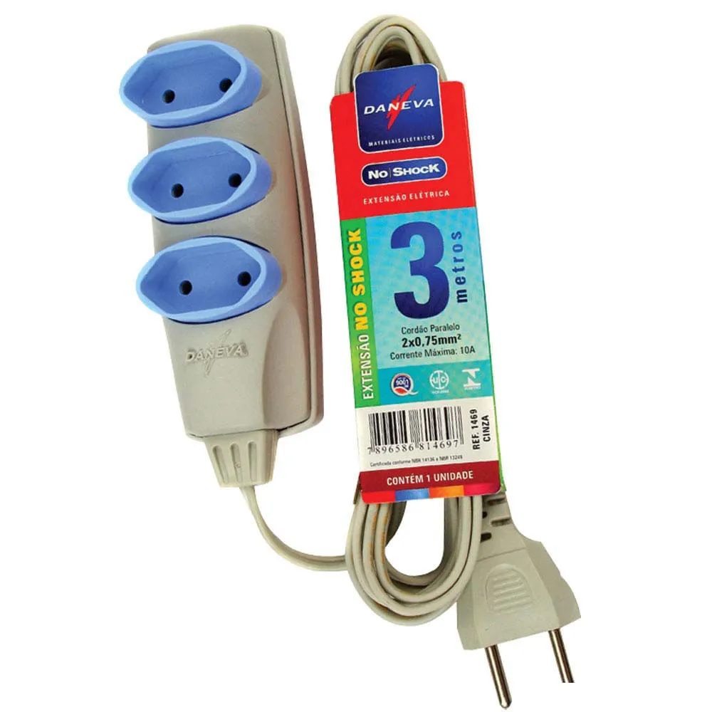 EXTENSAO NOSHOCK 90 PL 2X0,75 2P 10A CINZA 3M - 6P DANEVA