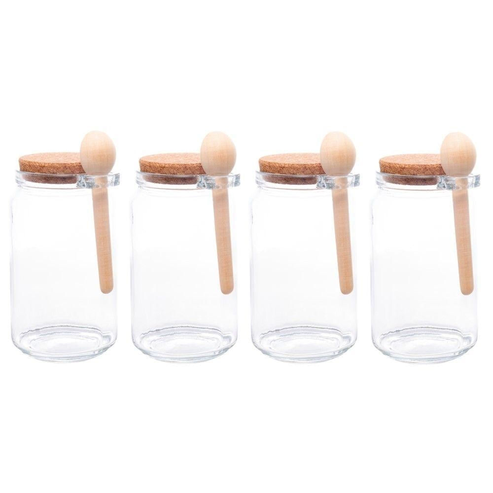 Kit 4 Porta Temperos Redondo 650ML Vidro com Colher de Bambu Tampa Rolha Transparente Lyor