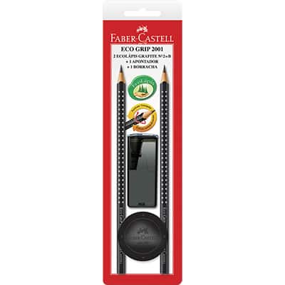 Kit Lápis Grafite 2 EcoLápis n.2 B Eco Grip 2001 Preto + Apontador + Borracha Faber-Castell BT 4 UN