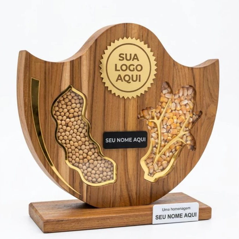 Troféu de Madeira Grãos de Soja e Milho Personalizado Agro Premiação Grande Campeão Distribuidor Destaque