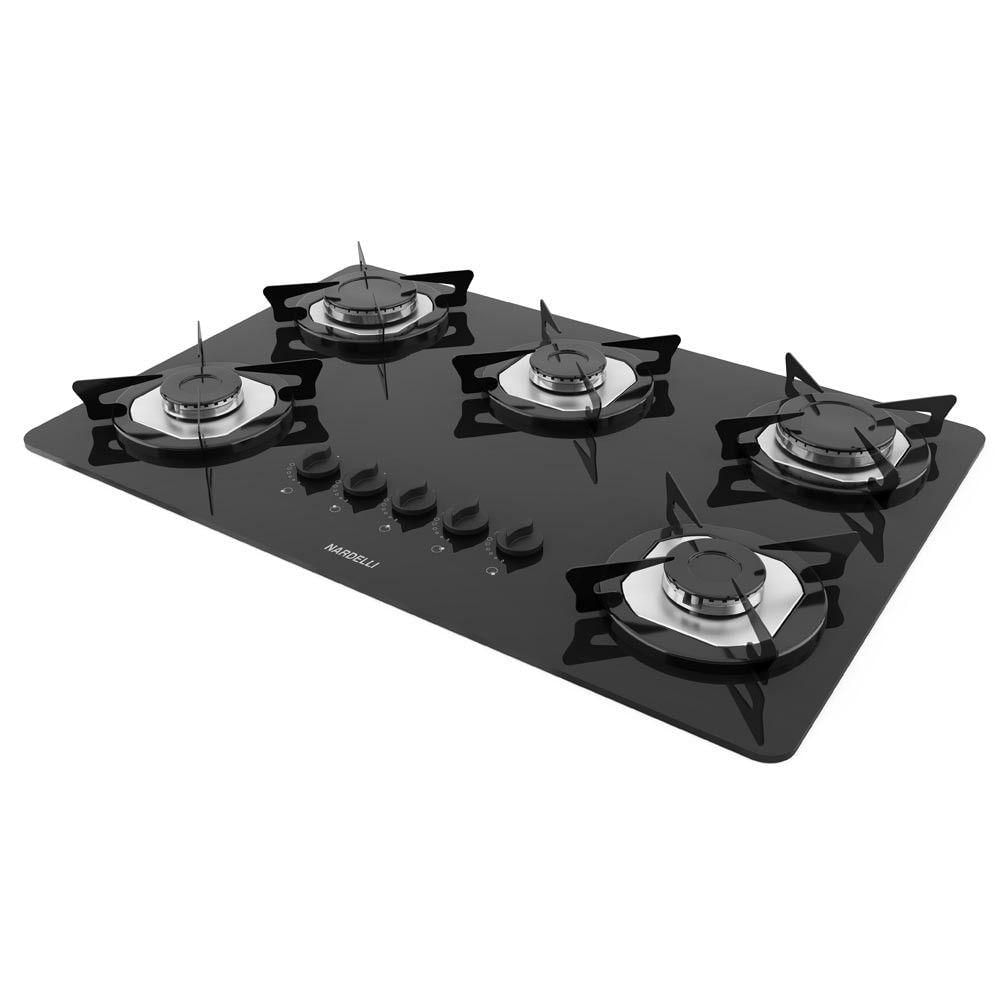 Cooktop a Gás Nardelli Ndl 5b 5 Bocas Vidro Temperado Preto com Acendimento Automático Bivolt