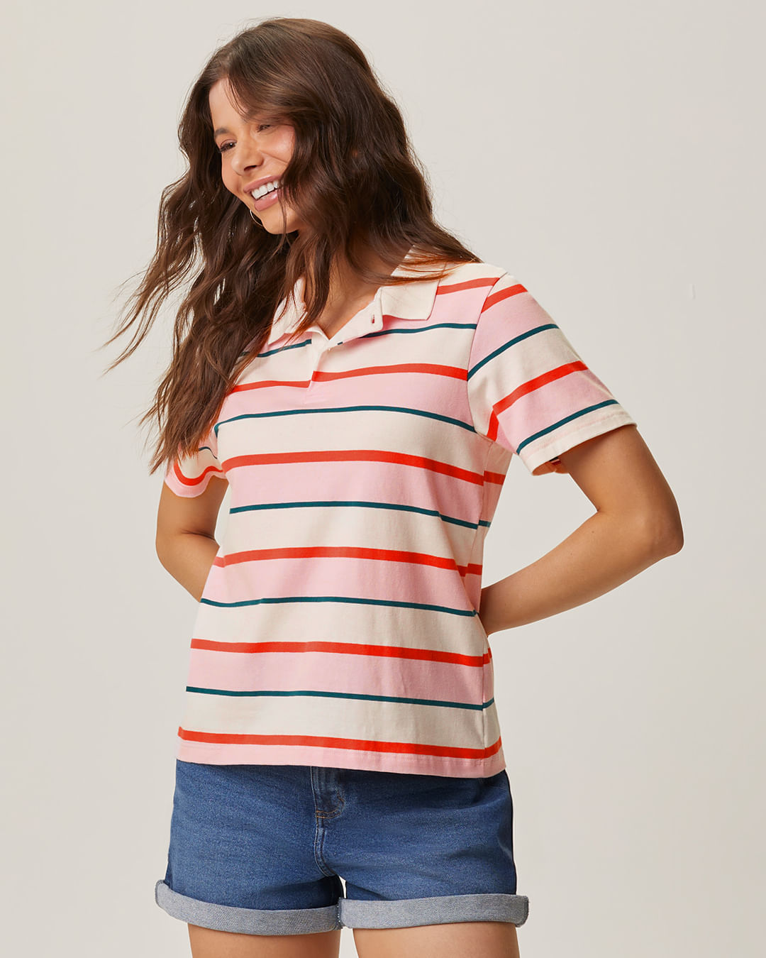 Blusa Polo Feminina Manga Curta Peitilho Frontal Em Algodão Listrado — Rosa - P