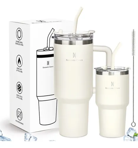 Kit Copo Térmica Inox 1200ml & 600ml Com Tampa E Canudo Branco Cor Pura