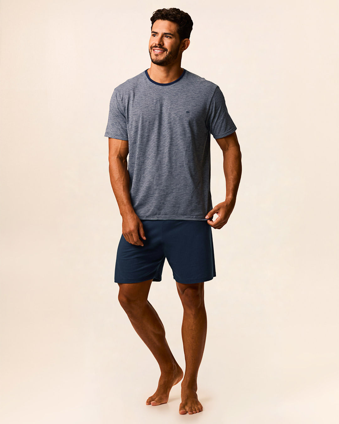 Pijama Curto Masculino Camiseta Decote Redondo Em Malha Fio A Fio — Azul - XGG