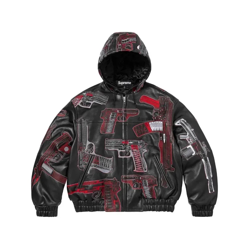 Jaqueta Supreme Couro Embroidered Hooded Guns Black SS26-W3 — P / M / G / XG, Novo