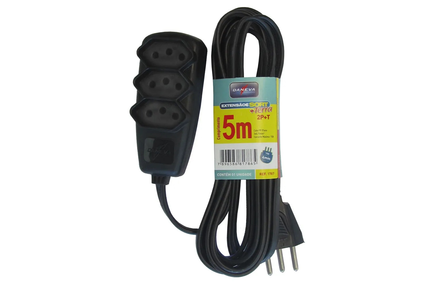 EXTENSAO SORT PP 3X0,75 2P+T 10A PRETO 5M - 6PCS/C DANEVA