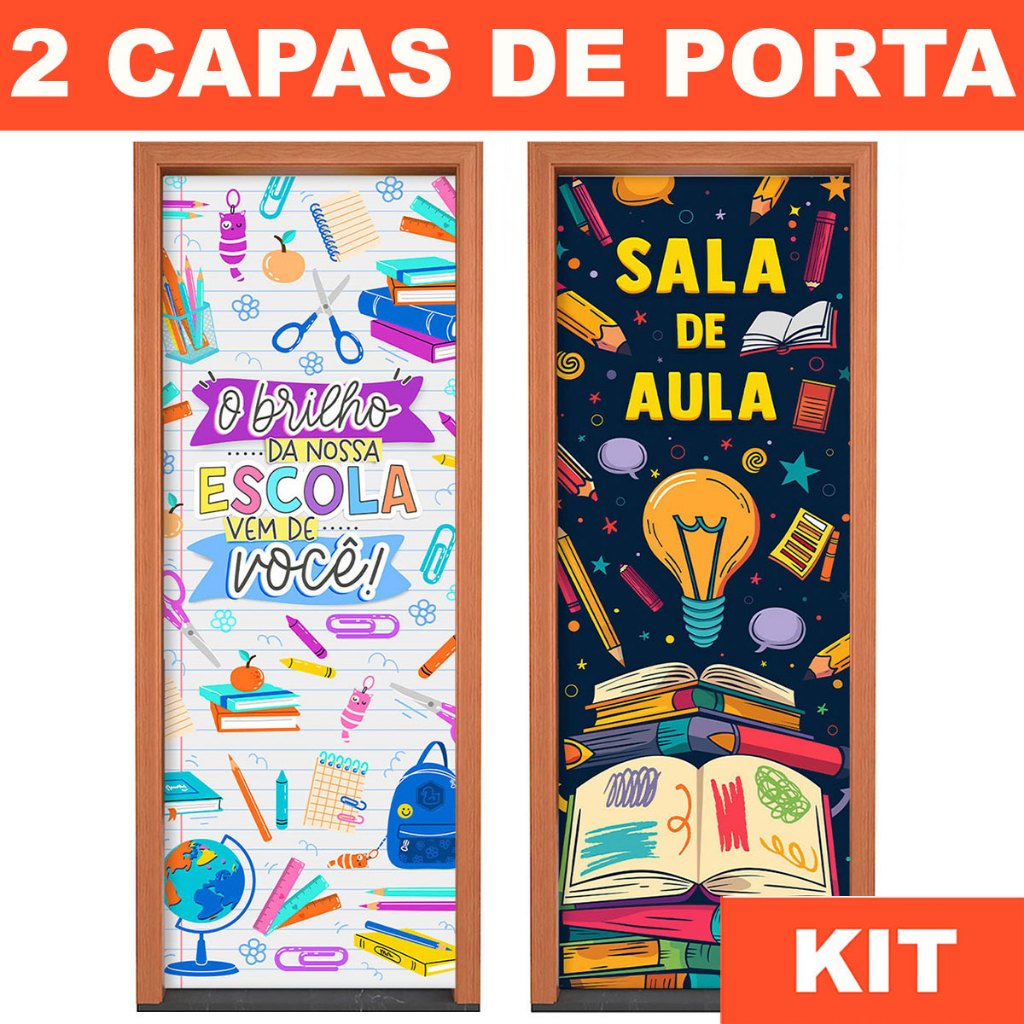 Kit 2 Capa de Porta Escolar e Volta às Aulas Sublimado 3D Veste Fácil 0,85x2,10m C/Elástico