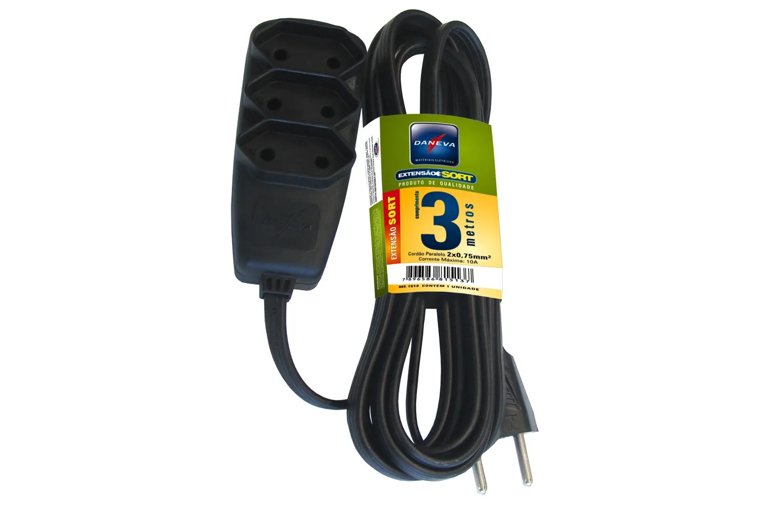 EXTENSAO SORT PL 2X0,75 2P 10A PRETO 3M - 6PCS/CX DANEVA