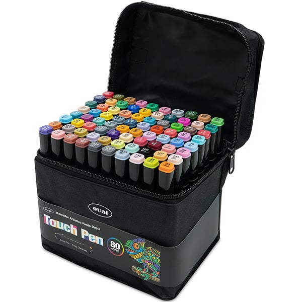 Caneta Marcadora Artística Touch Pen 80 Cores Ponta Dupla (Chanfrada e Fina) com Estojo com Zíper, Oval - BT 80 UN