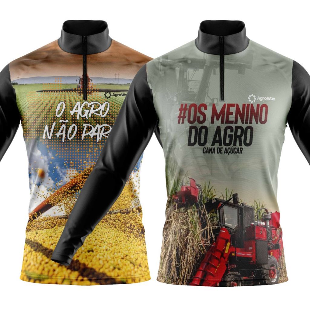 Kit 2 Camiseta Camisa Agro Manga Longa Zíper Plantação Soja Colheita Cana Açúcar Café Brasil Gado Trabalho Campo Roça