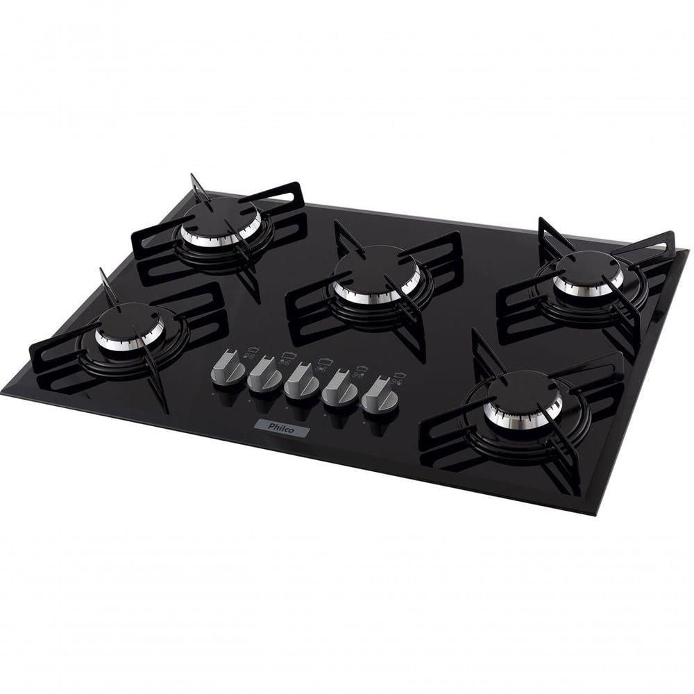 Cooktop a Gás Philco Cook Chef 5 Bocas Vidro Temperado Preto com Acendimento Automático Bivolt