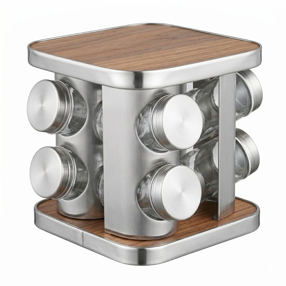 Porta-Temperos Giratório Inox e Bambu com 8 Potes 360° – Dolce Home