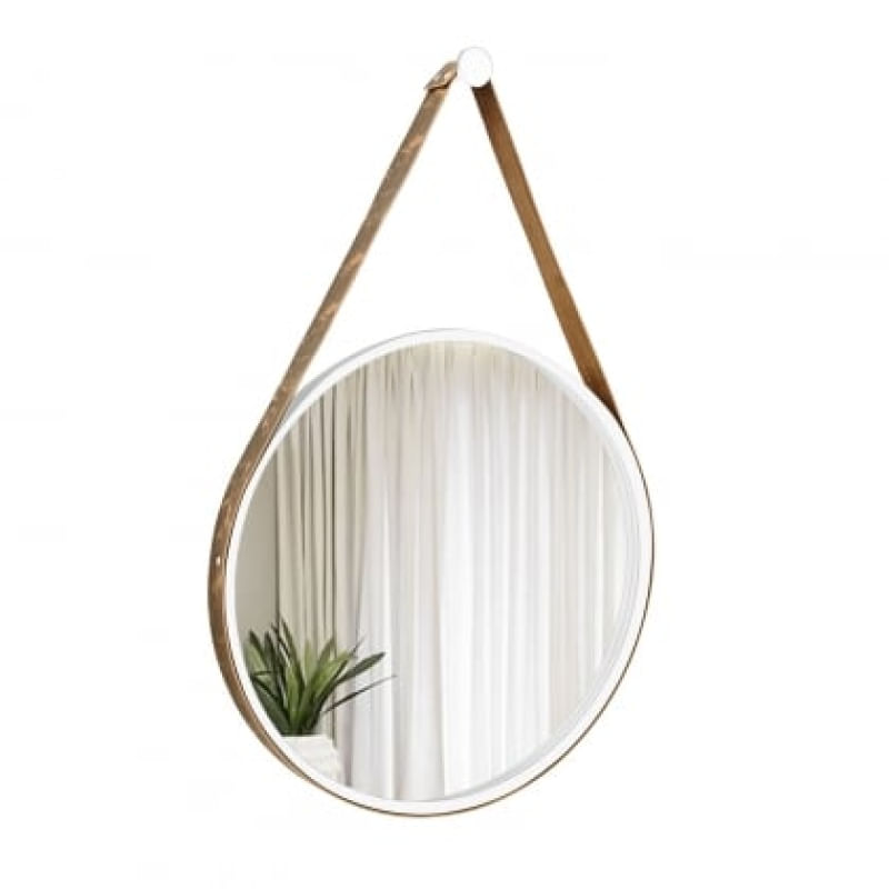Espelho Decorativo Adnet Branco Alça Corino 60cm Redondo Alça Corino Rajada