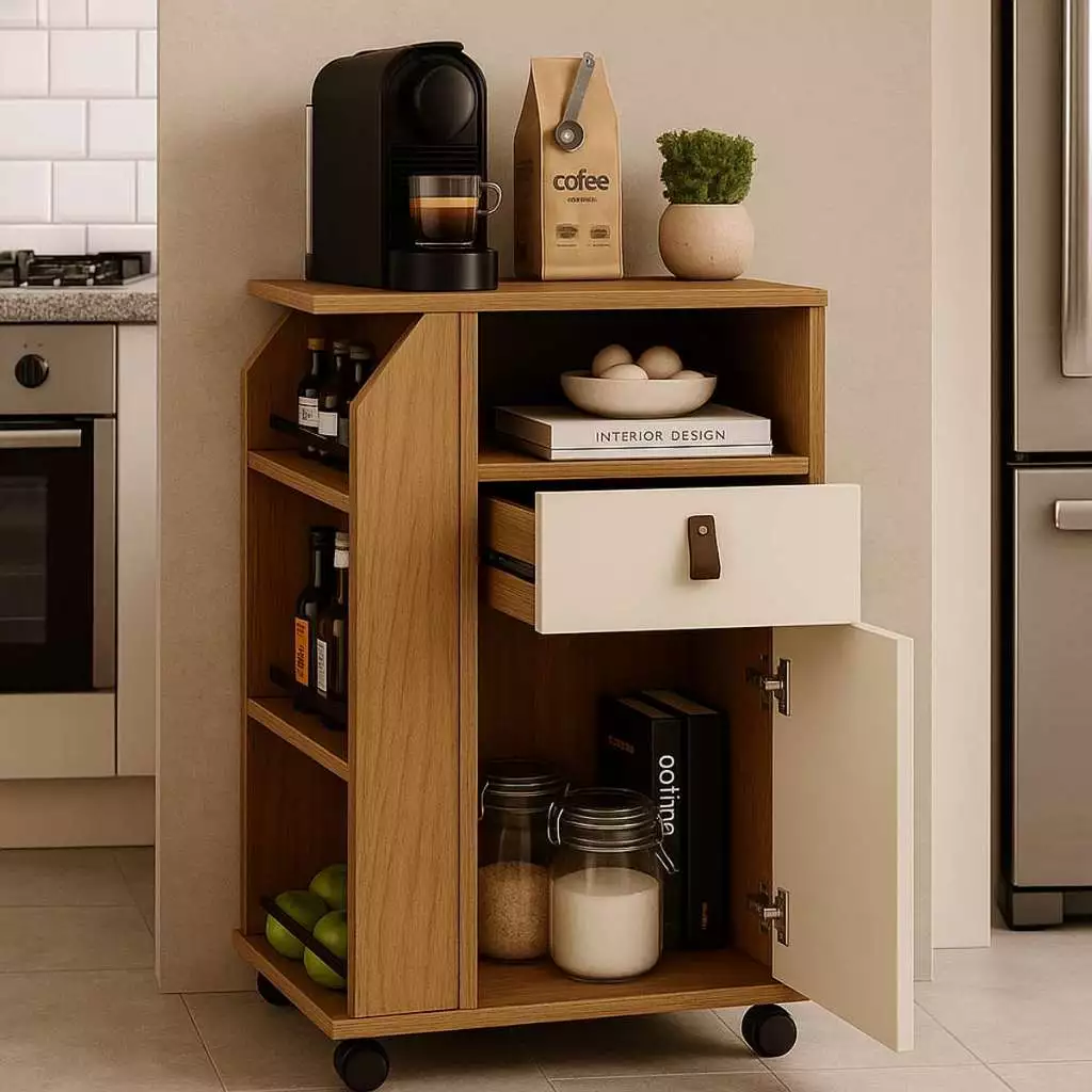Fruteira Multiuso Com Porta E Gaveta Balcão MDF Reforçado Com Rodinhas