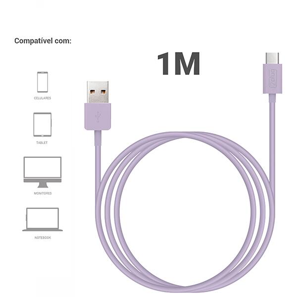 Foto 4 de Cabo USB-A para USB-C, 1m, Lilás, 2Plug - CX 1 UN