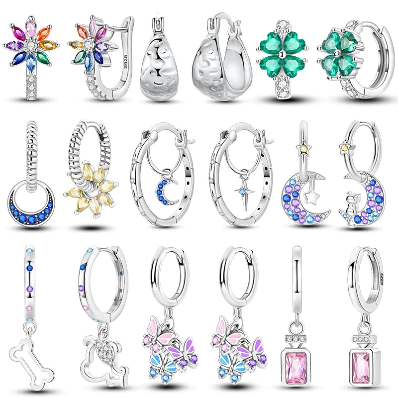 Brinco De Argola 925 Prata Mulher Original Pendientes Lua Estrela Trevo Moda Jóias Presente