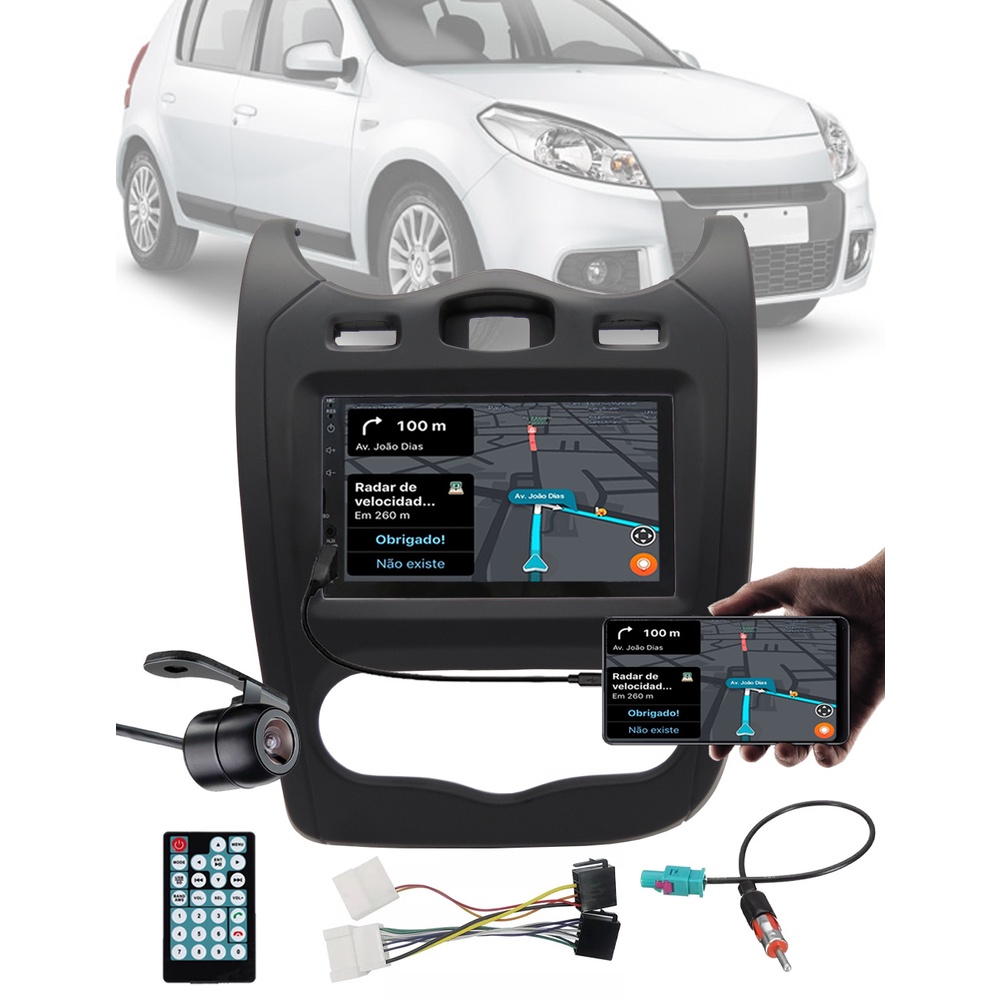 Multimídia 7" Polegadas Sandero 2012 até 2014 Espelhamento Bluetooth USB SD Card + Moldura + Chicotes + Câmera Ré