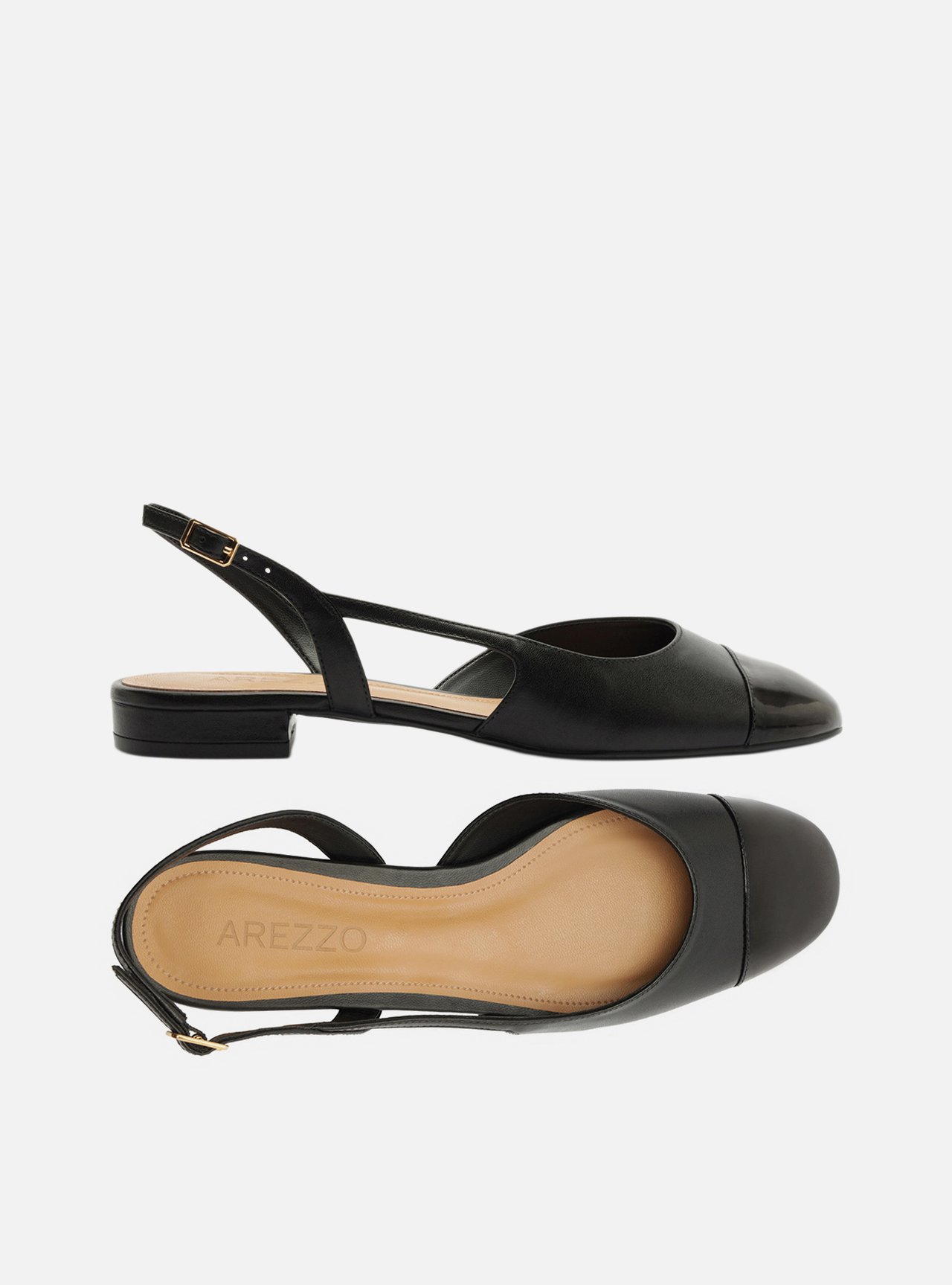 Foto 5 de Sapatilha Preta Couro Slingback Cap Toe Verniz