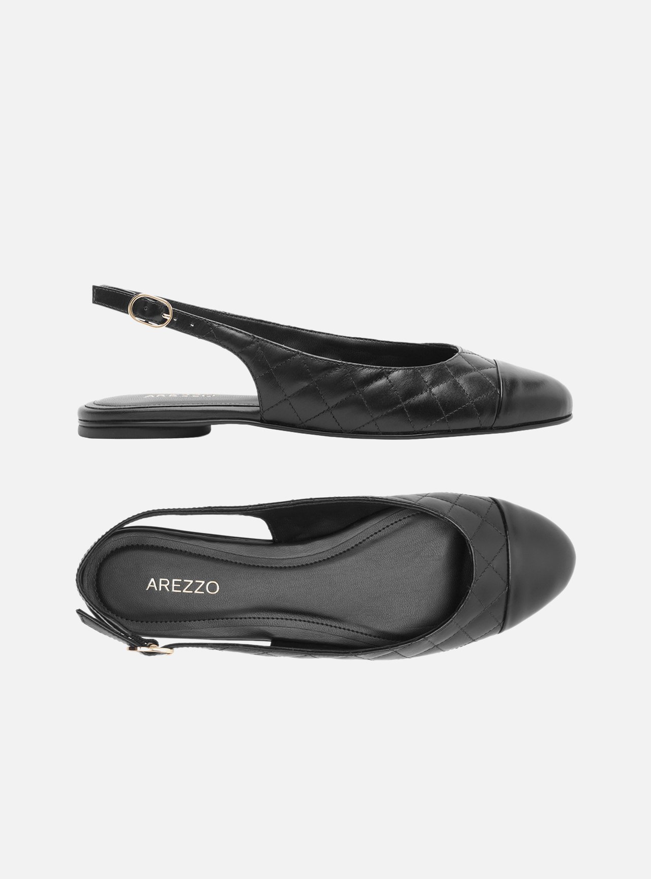 Foto 5 de Sapatilha Preta Couro Bico Redondo Matelassê Slingback