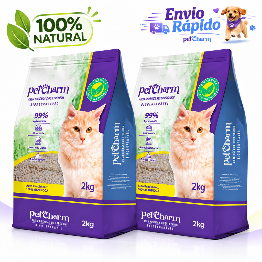 Areia Higiênica para Gato Pet Charm Mandioca Biodegradável Sustentável Controle de Odor 2kg ou 4kg