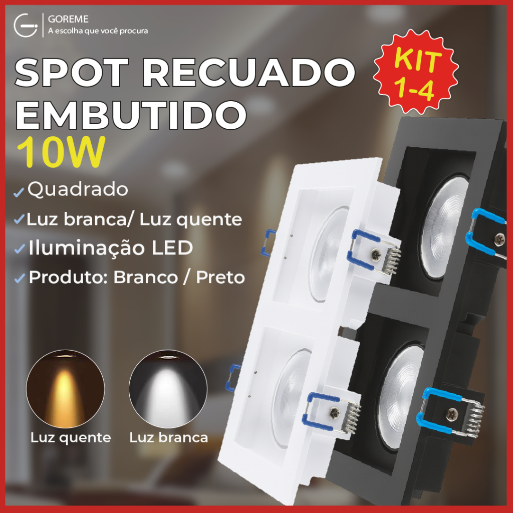Spot Embutido Recuado Led 10W Duplo Preto e Branco Iluminação Branco Luz Fria e Quente Bivolt