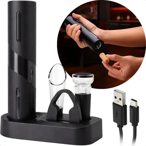 Abridor de Garrafa Vinho Elétrico Recarregável USB-C Com Base Saca Rolhas Abridor De Vinho Automático Ex Decor