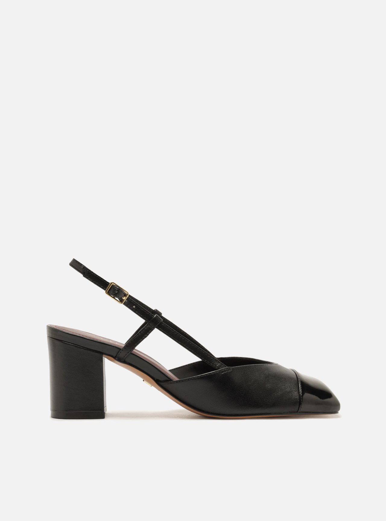 Scarpin Margot Preto Verniz Salto Bloco Slingback