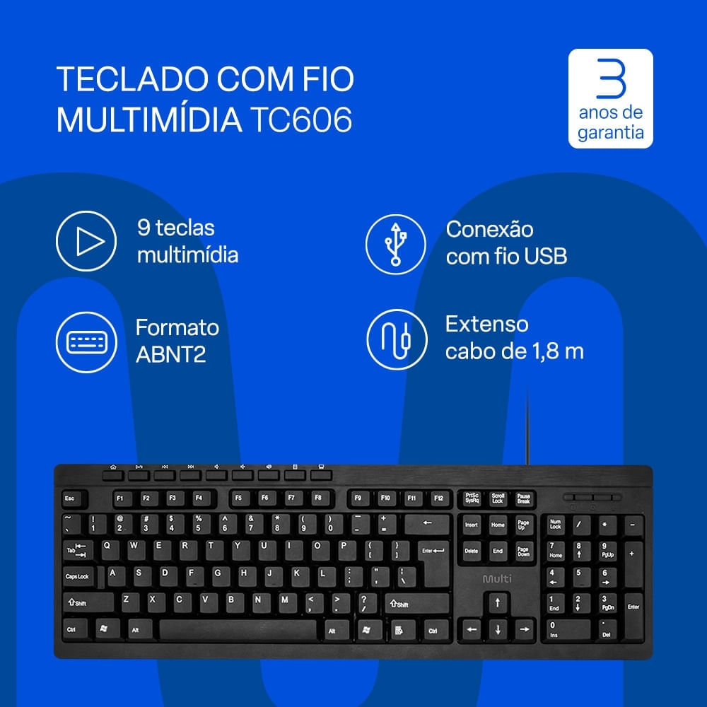 Foto 2 de Teclado Com Fio USB Teclas Multimídia Cabo 180cm Multi - TC606 TC606