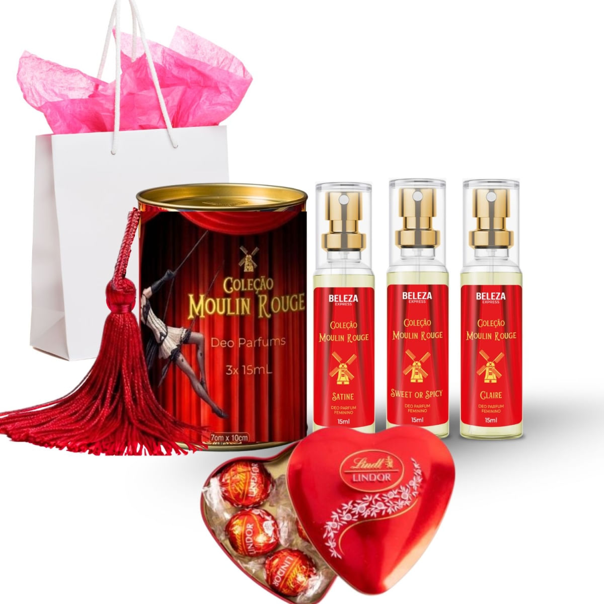 Kit presente feminino com Perfume, Lata e Chocolate