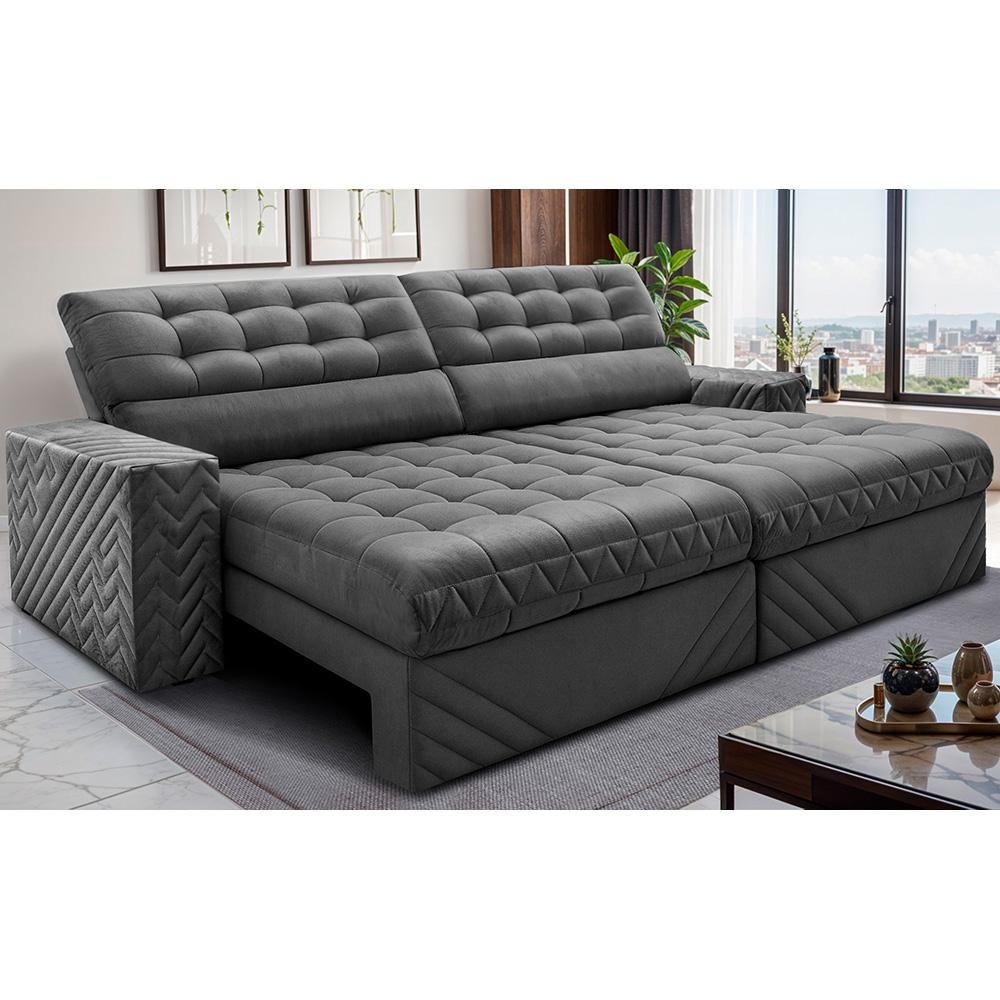 Sofá Retrátil e Reclinável 3,00m Molas Ensacadas Max Spring Velusoft Cinza Cama inBox