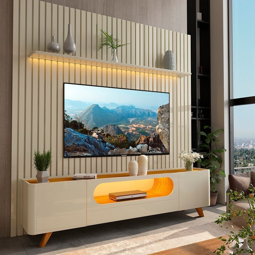 Rack com Painel Ripado para TV até 90 Polegadas 100% MDF com LED 228,8CMX310CM Pés em Madeira Maciça 1 Gaveta 2