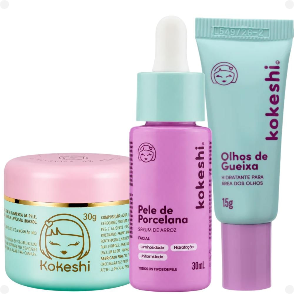 Kit Kokeshi:Creme Hidratante Olhos De Gueixa 15, Sérum de Arroz 30ml e Creme — Kit Kokeshi:Creme Hidratante Olhos De Gueixa 15, Sérum de Arroz 30ml e Creme Facial Pele de Porcelan