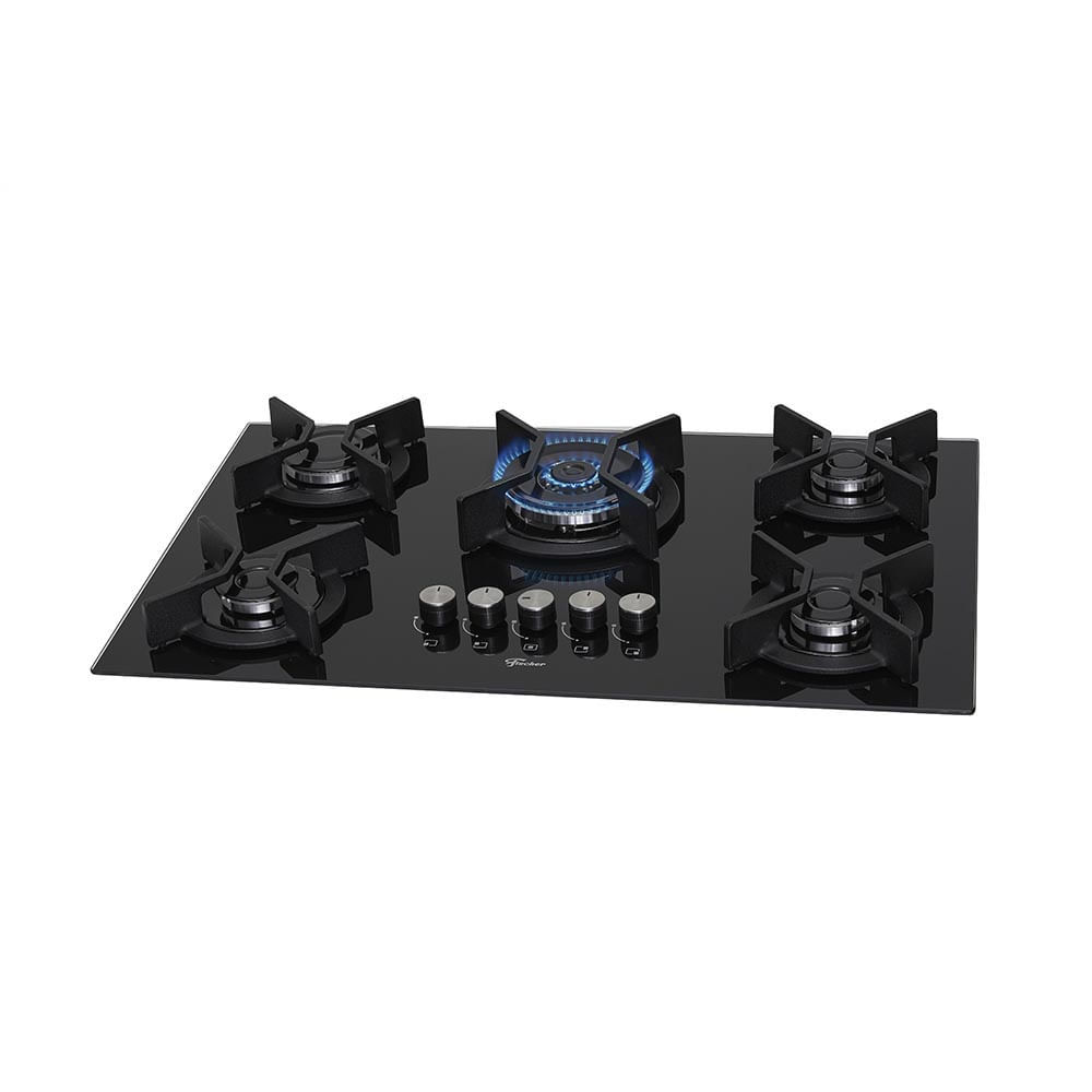 Cooktop 5 Bocas Fischer Infinity Trempe De Ferro Tripla Chama à Gás Mesa De Vidro Preto Bivolt