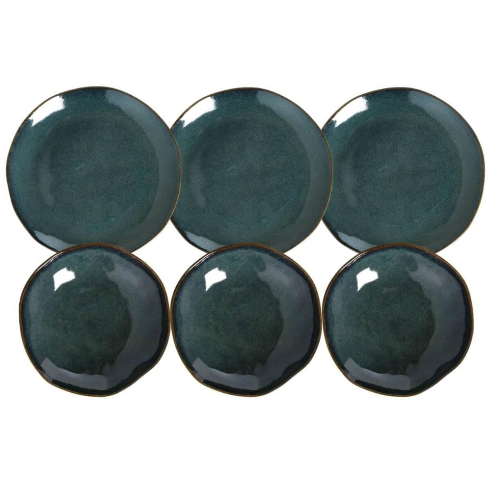 Jogo 6 Pratos Rasos 26cm 6 Pratos Fundos 21cm Azul Cerâmica Orgânico Oceano Porto Brasil