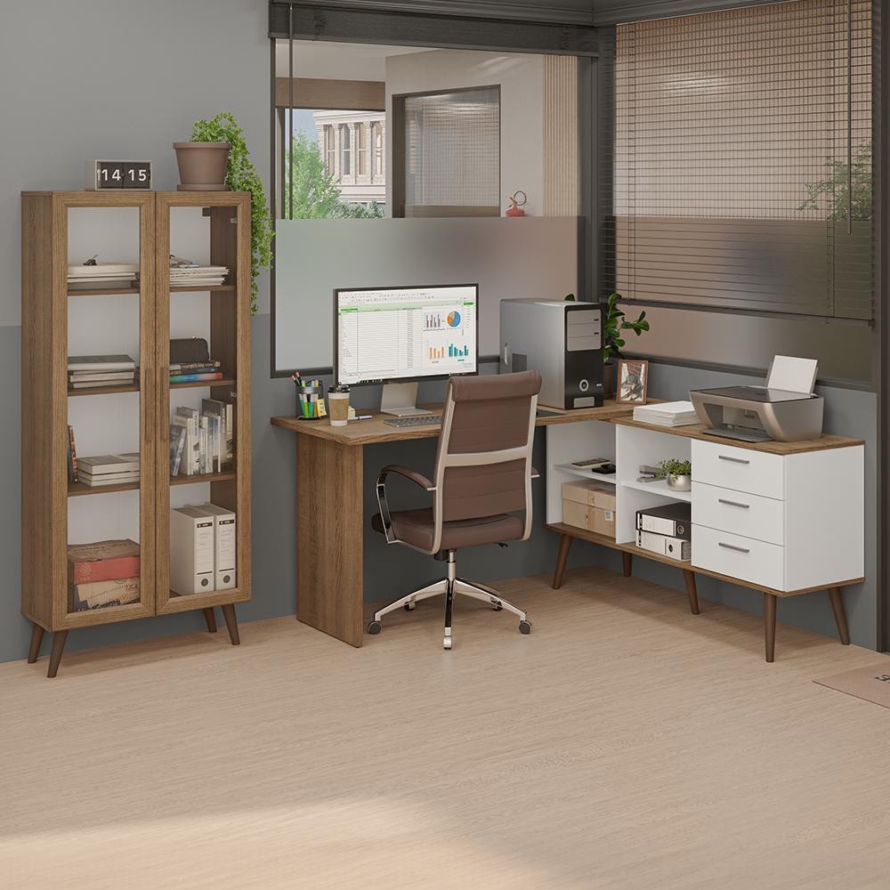 Kit 2 Peças com Escrivaninha em L 3 Gavetas e Armário Multiuso com Vidro Rustic/Branco Madesa