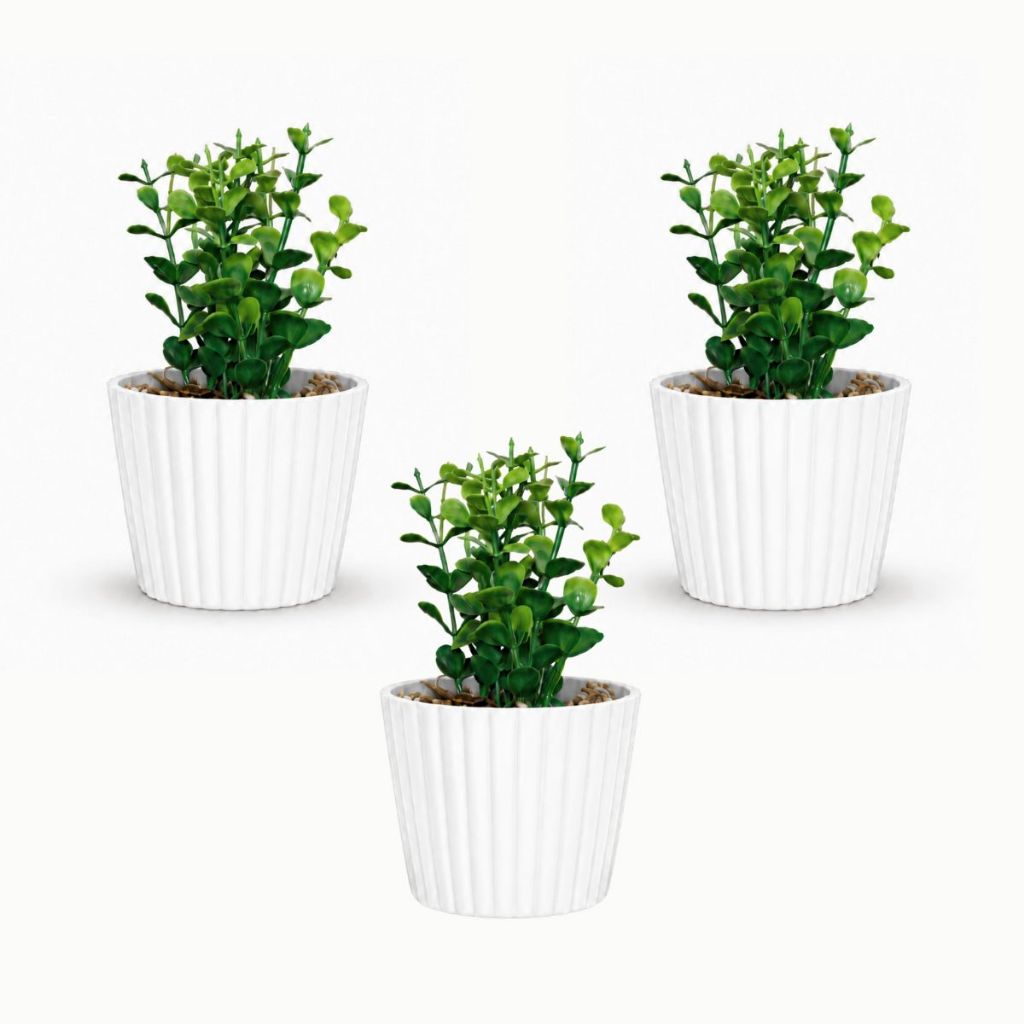 Kit 3 Vasinhos de Melamina com Folhagem de Eucalipto Artificial para Decoração