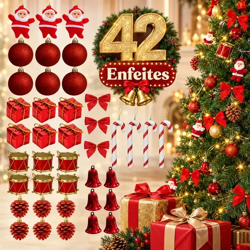 Kit 42 Enfeites Decoração De Natal Árvore Papai Noel 3 Cores
