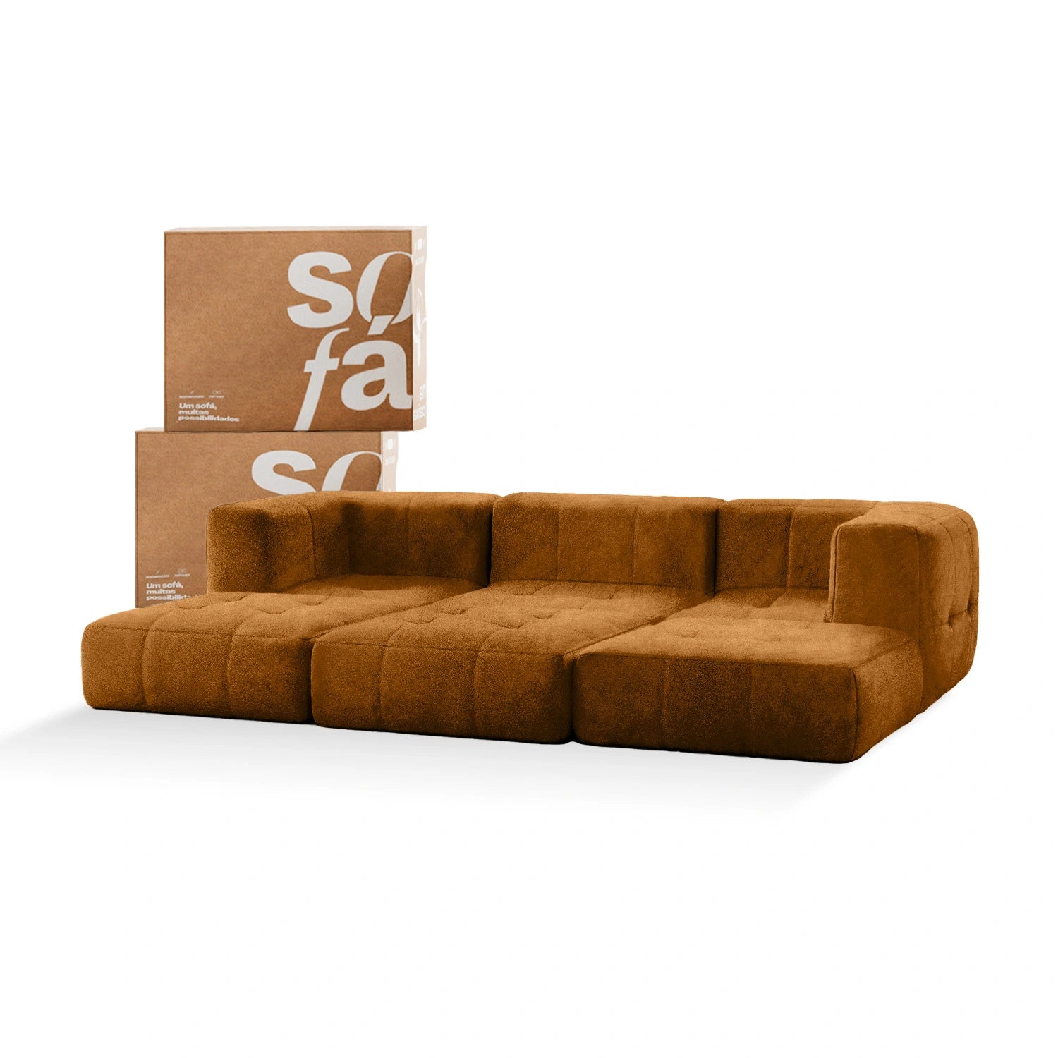 Sofá na Caixa modular 3 lugares Poli-Couro Marrom com 3 Chaises